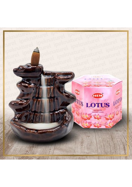 Kahve Şelale Buhurdanlık ve Lotus (Nilüfer) Konik Tütsü Set