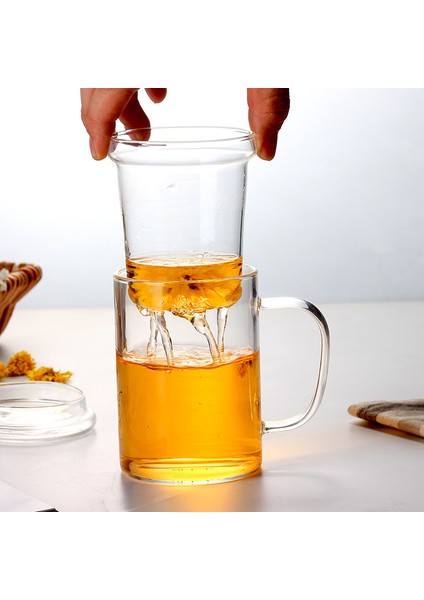 Cam Kapaklı Demleme Süzgeçli Isıya Dayanıklı Borosilikat Camdan Kupa Bardak 350 ml