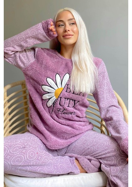 Mor Papatya Desenli Kadın Peluş Pijama Takımı