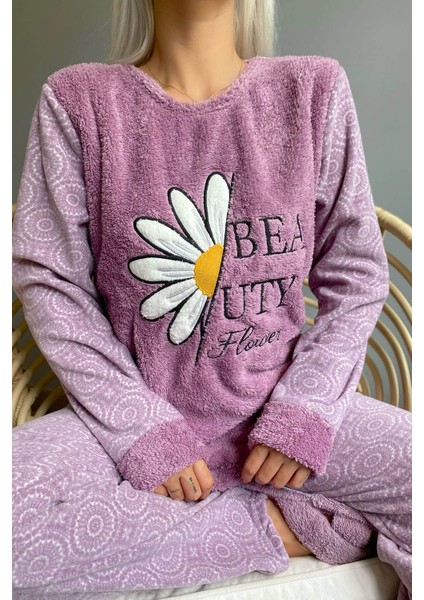Mor Papatya Desenli Kadın Peluş Pijama Takımı fırsatları