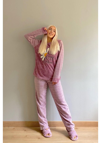 Mor Papatya Desenli Kadın Peluş Pijama Takımı indirimleri