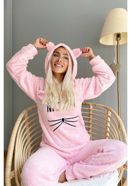 Meow Desenli Tam Peluş Pijama Takımı