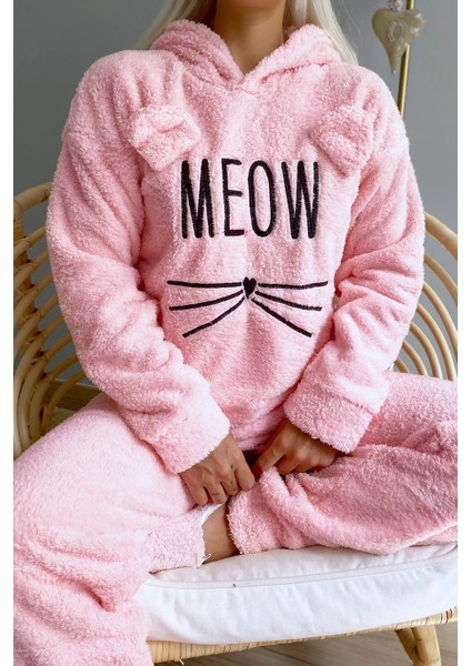 Meow Desenli Tam Peluş Pijama Takımı