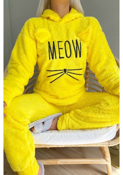 Meow Desenli Tam Peluş Pijama Takımı