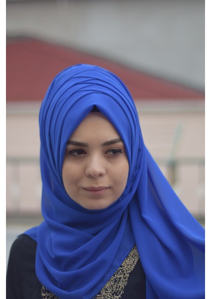 Drapeli Üç Bandlı Şal Saks Mavisi - Özel Tasarım- Yeni Model Tesettür Giyim