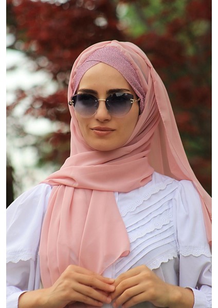 Simli Pratik Hazır Şal Gül Kurusu - Özel Tasarım- Yeni Model Tesettür Giyim