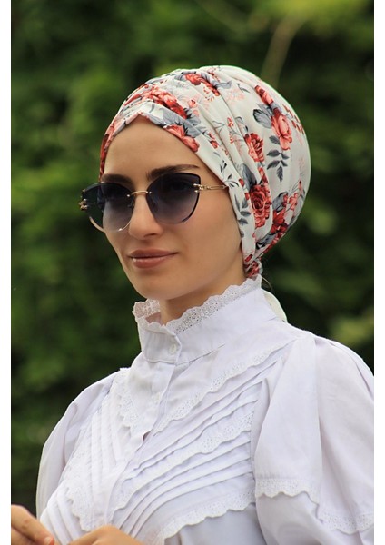 Gül Desenli Tokalı Bone - Özel Tasarım- Yeni Model Tesettür Giyim