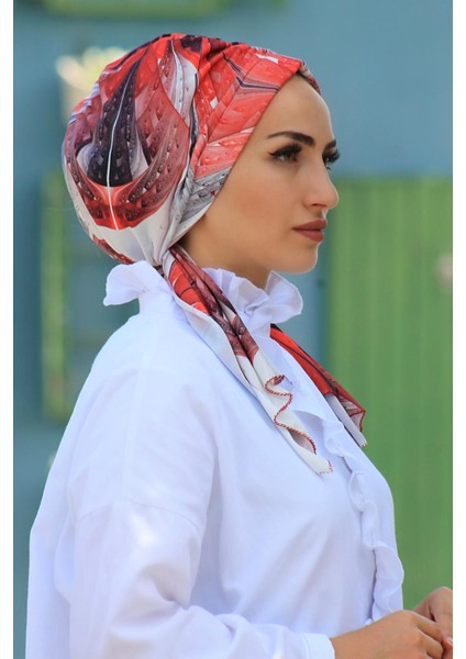 Desenli Tasarım Bone Kırmızı Çiçek Fraktal Baskı - Özel Tasarım- Yeni Model Tesettür Giyim