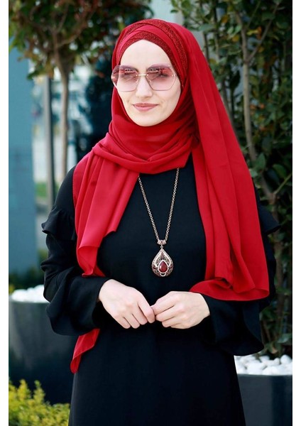 Titi Üç Bantlı Şal Kırmızı - Özel Tasarım- Yeni Model Tesettür Giyim