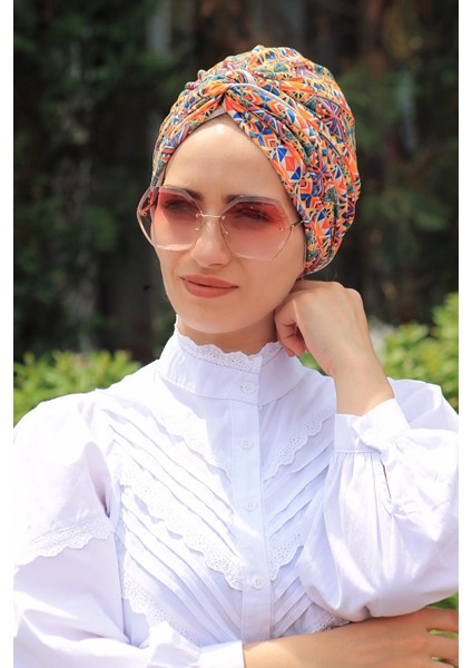 Desenli Dolama Bone Kareli Etnik Desen (Hazır Model) - Özel Tasarım- Yeni Model Tesettür Giyim