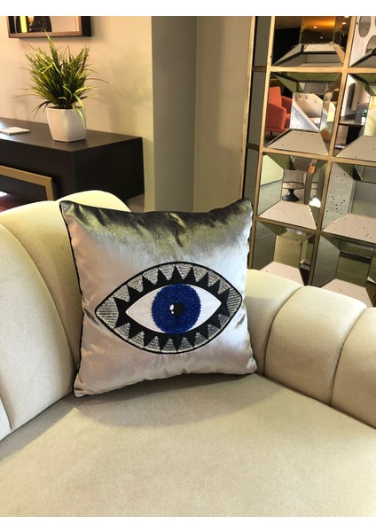 Gri Kadife Mavi Göz Işlemeli Yastık Kılıfı fiyatları