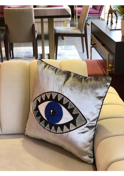 Gri Kadife Mavi Göz Işlemeli Yastık Kılıfı modelleri