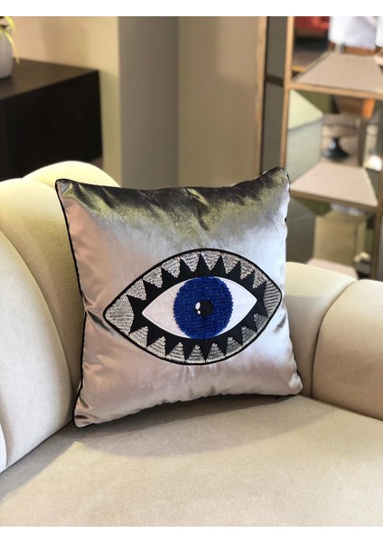 Gri Kadife Mavi Göz Işlemeli Yastık Kılıfı fırsatları