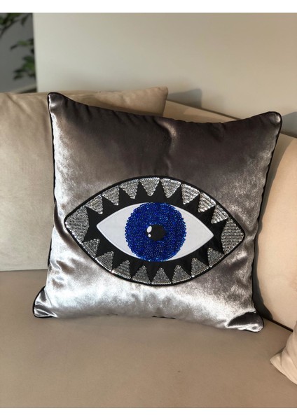 Gri Kadife Mavi Göz Işlemeli Yastık Kılıfı indirimleri