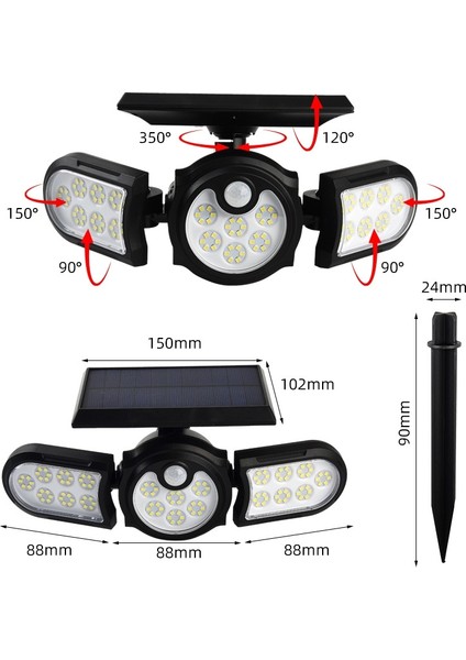 112 LED Üç Kafalı Dönebilen Güneş Duvar Işık Çimen Işık (Yurt Dışından) modelleri