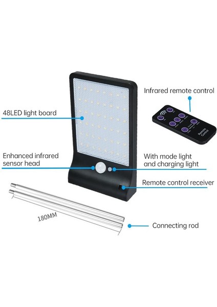 3.8W 48 Two-Color Leds Remote Control Edition Outdoor Waterproof Solar Wall Lighte, Luminous Flux: 450LM(BLACK) (Yurt Dışından)