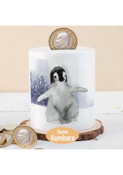 Karlı Ormanda Sevimli Penguen Baskılı Para Birikim Kumbarası -563