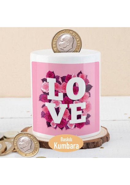 Hoş Çiçekler ve Love Yazı Baskılı Para Birikim Kumbarası -214802