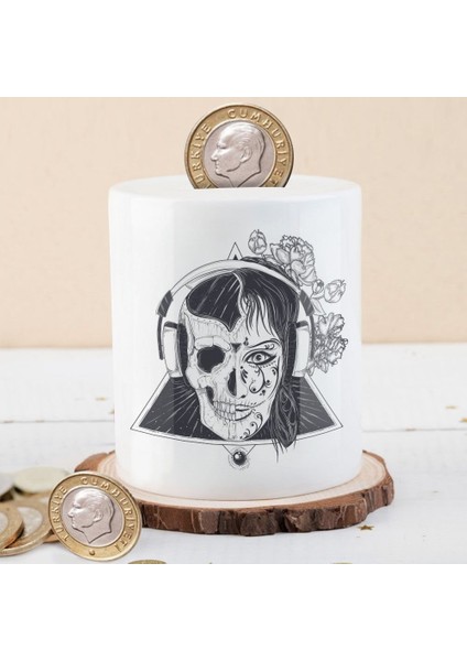 Kulaklıklı Siyah Beyaz Kurukafa Desenli Para Birikim Kumbarası -833