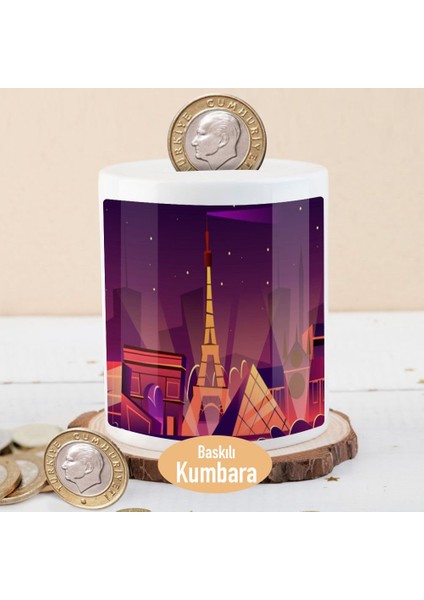 Mor Gecede Eyfel Kulesi Manzara Baskılı Para Birikim Kumbarası-2