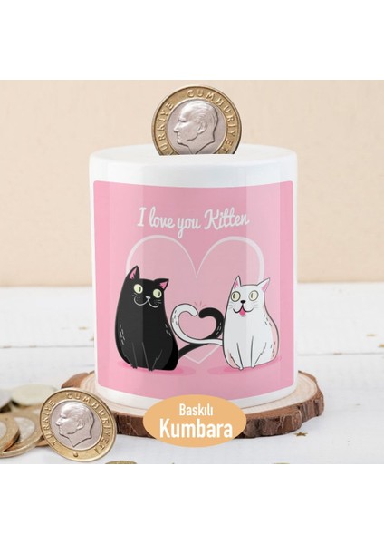 Romantik Siyah ve Beyaz Kedi Baskılı Para Birikim Kumbarası -2147