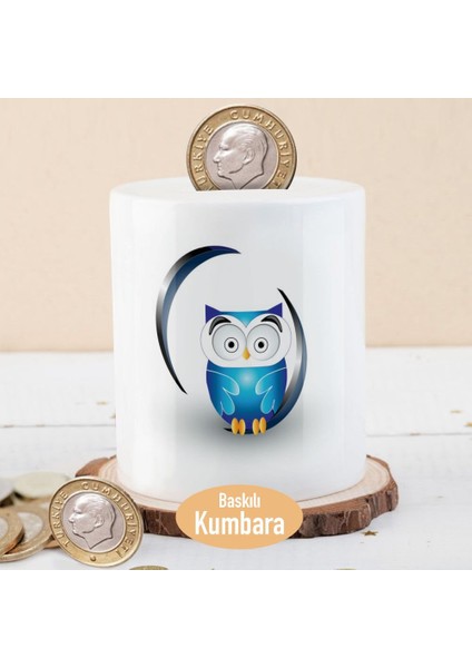 Mavi Renkli Iri Gözlü Baykuş Baskılı Para Birikim Kumbarası -601