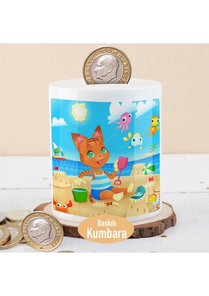 Denizde Kumla Oynayan Kedicik Baskılı Para Birikim Kumbarası -291