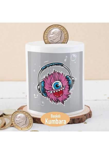 Kulaklıklı Pembe Canavar Baskılı Para Birikim Kumbarası -21475