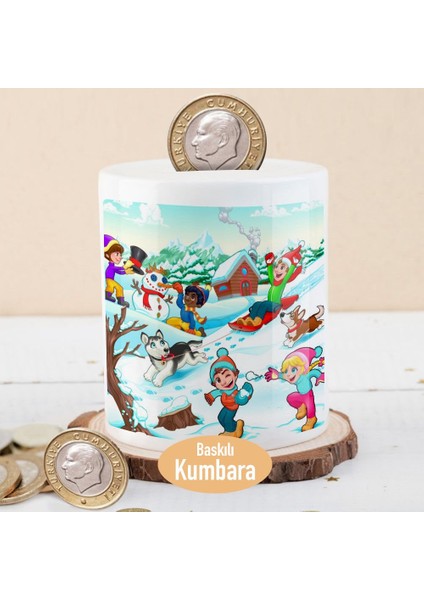 Karlı Kış Mevsiminde Neşeli Çocuklar Para Birikim Kumbarası -1196