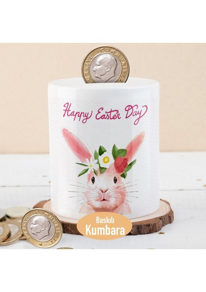 Çiçek Taçlı Pembe Tavşan Baskılı Para Birikim Kumbarası -2148935