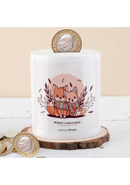 Merry Christmas Tilki Kardeş Baskılı Para Birikim Kumbarası -2148