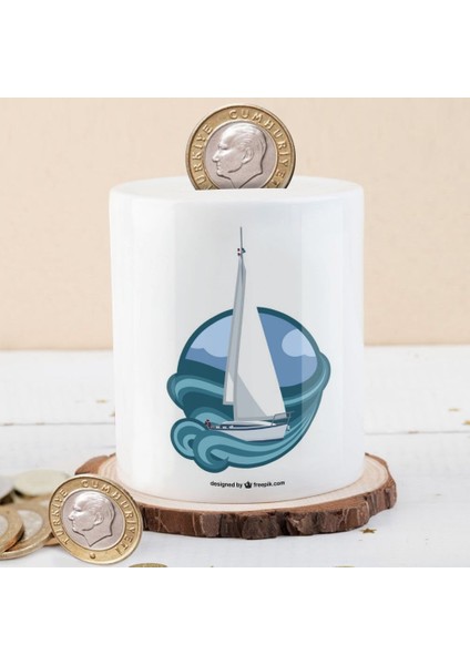 Denizdeki Beyaz Yelkenli Gemi Baskılı Para Birikim Kumbarası -2147