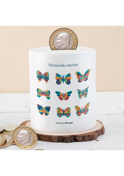 Renkli Desenli Kelebekler Baskılı Para Birikim KUMBARASI-637