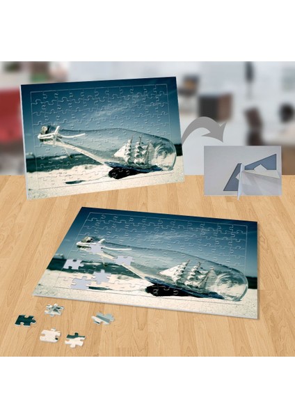 Cam Şişede Gemi, Kumsal, Deniz 99 Parça Puzzle Yapboz TABLO-14778586