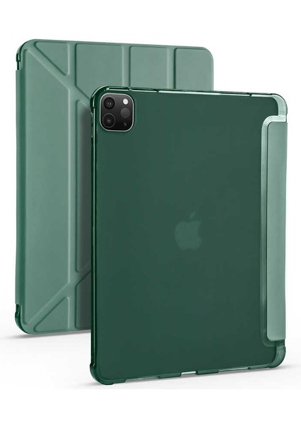 Apple iPad Pro 12.9 2020 Kalem Bölmeli Tri Folding Standlı Kılıf A2229 A2069 A2232 A2235 Koyu Yeşil