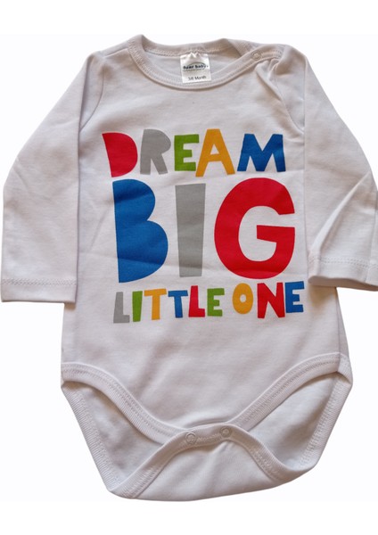 Neşeli Bebek Beyaz Unisex Pamuk Dream Big Little One Uzun Kol Body Zıbın 3-6 Ay