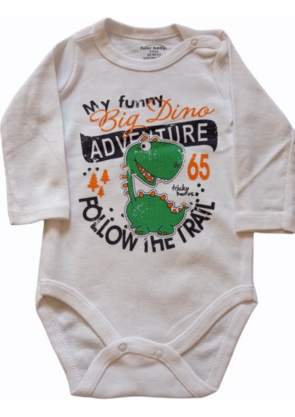 Neşeli Bebek Dino Unisex Pamuk Dinozorlu Adventure Body Uzun Kol Body Zıbın 3-6 Ay