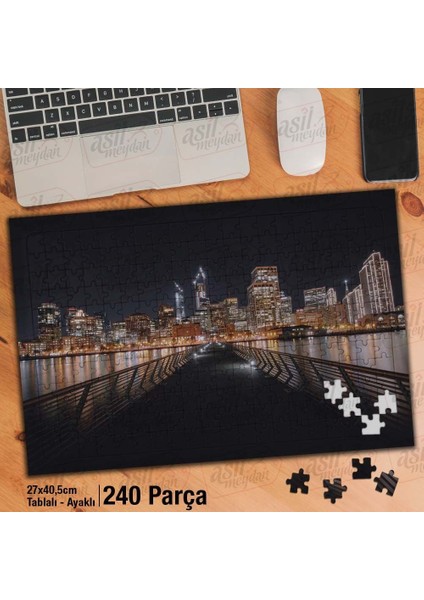 Asil Hobi Yüksek Binalar - Deniz - Yansıma - Gece Yapboz- Ayak Destekli Çerçeveli 240 Parça Puzzle