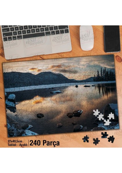 Asil Hobi Karlı Dağlar - Ağaçlar - Göl -Manzarası Yapboz- Ayak Destekli Çerçeveli 240 Parça Puzzle