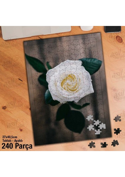 Asil Hobi Beyaz Gül - Tahta Zemin - Çiçek Yapboz - Ayak Destekli Çerçeveli 240 Parça Puzzle