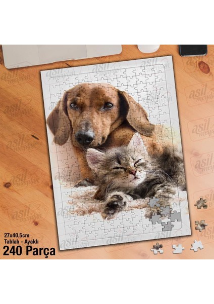 Asil Hobi Kedi ve Köpek - Dost - Hayvan Yapboz - Ayak Destekli Çerçeveli 240 Parça Puzzle
