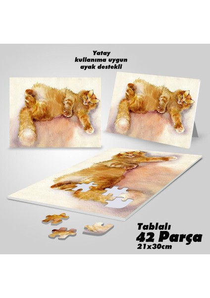 Asil Hobi Sevimli Turuncu Kedi - Hayvan Yapboz- Ayak Destekli Çerçeveli 42 Parça Puzzle