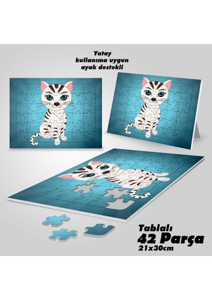 Asil Hobi Sevimli Mavi Gözlü Kedi Yapboz- Ayak Destekli Çerçeveli 42 Parça Puzzle