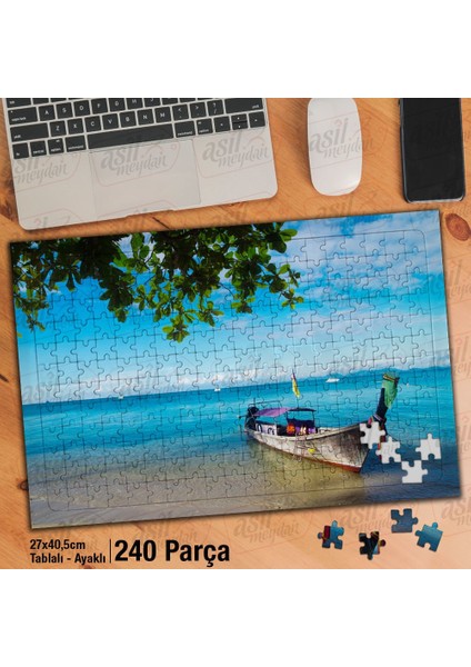 Asil Hobi Mavi Deniz - Gökyüzü - Ağaç -Tahta Kayık Yapboz - Ayak Destekli Çerçeveli 240 Parça Puzzle