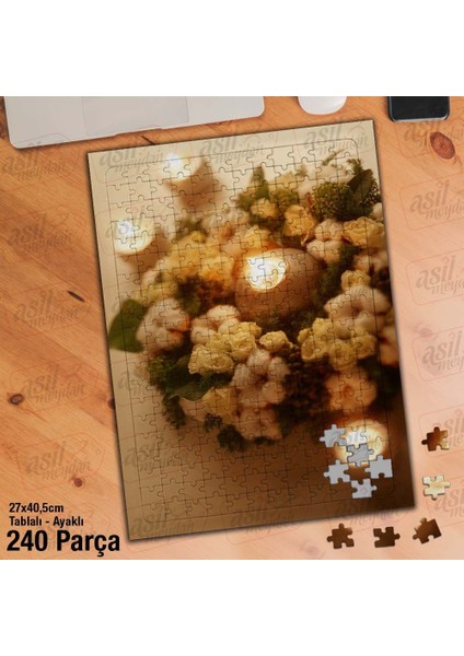Asil Hobi Yanan Mumlar Beyaz Çiçekler Yapboz - Ayak Destekli Çerçeveli 240 Parça Puzzle