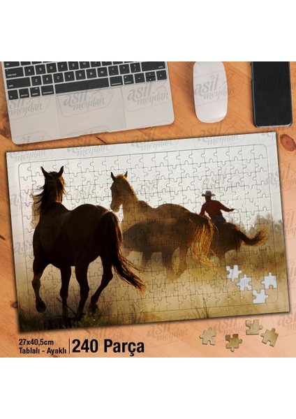 Asil Hobi Koşan Atlar - Kovboy - Toz Bulutu- Hayvan Yapboz -Ayak Destekli Çerçeveli 240 Parça Puzzle