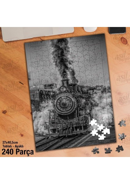 Asil Hobi Lokomatif - Tren - Duman - Gri Yapboz - Ayak Destekli Çerçeveli 240 Parça Puzzle