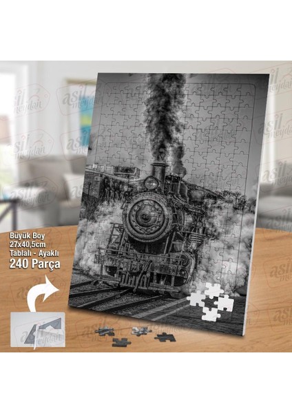 Asil Hobi Lokomatif - Tren - Duman - Gri Yapboz - Ayak Destekli Çerçeveli 240 Parça Puzzle
