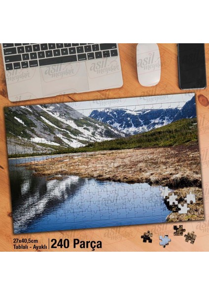 Asil Hobi Karlı Dağlar - Göl -Yansıma - Manzara Yapboz- Ayak Destekli Çerçeveli 240 Parça Puzzle