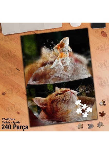Asil Hobi Sevimli Kedi - Balık -Fanus Yapboz - Ayak Destekli Çerçeveli 240 Parça Puzzle